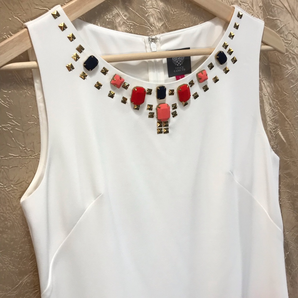Vince Camuto Printed Shift Dress Embellished Neck